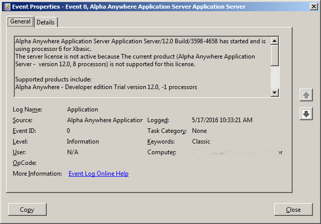 Windows Application Event for an incorrect Alpha Anywhere Application Server license